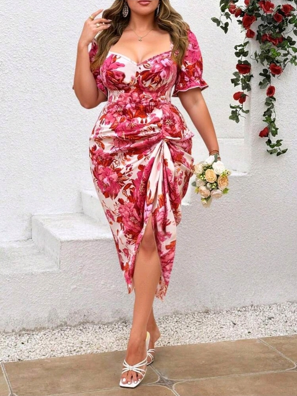 Floral Ruched Sweetheart Midi Dress